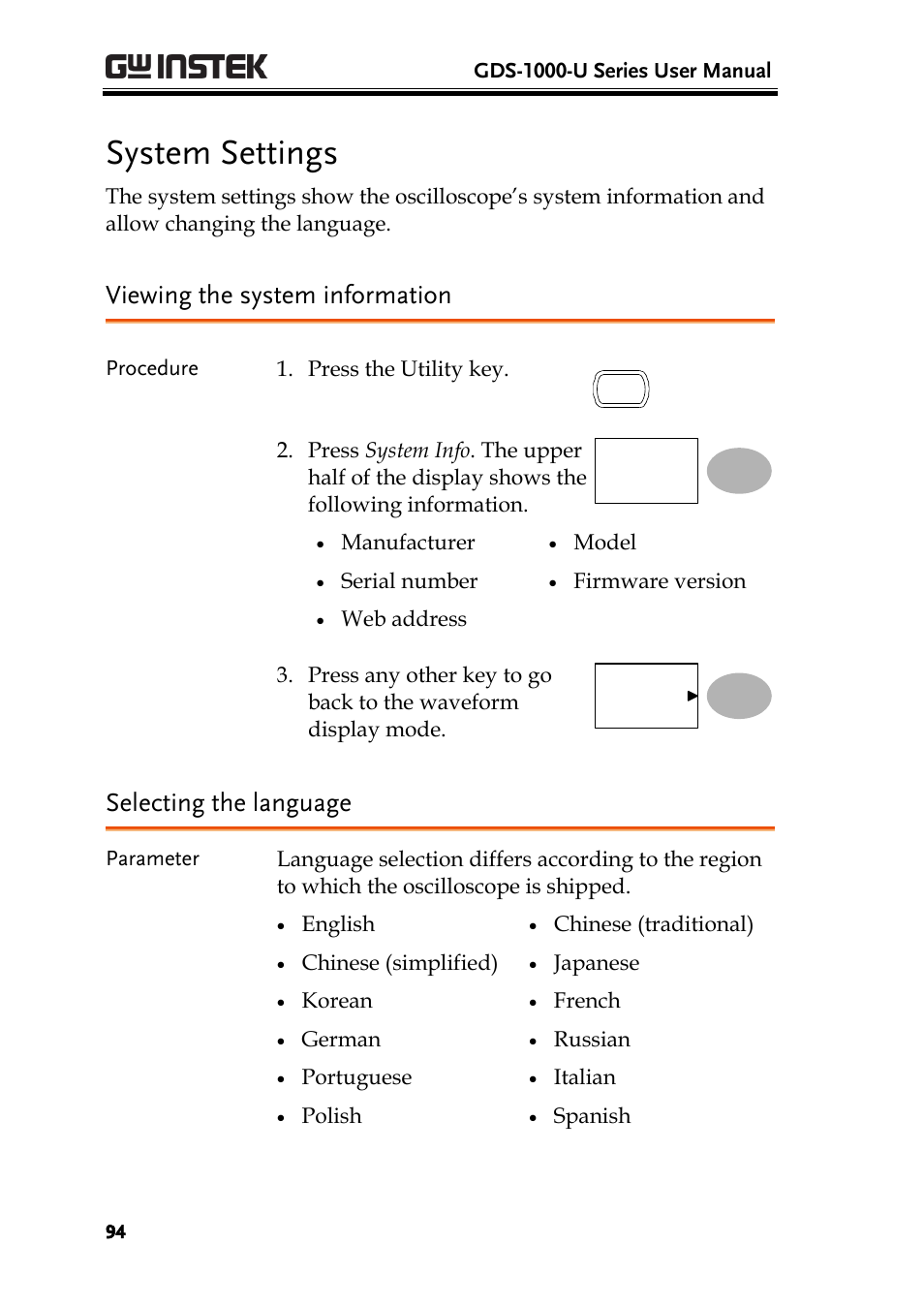 System settings, Viewing the system information, Selecting the language | Ge 94) | GW Instek GDS-1000-U Series User Manual User Manual | Page 94 / 133