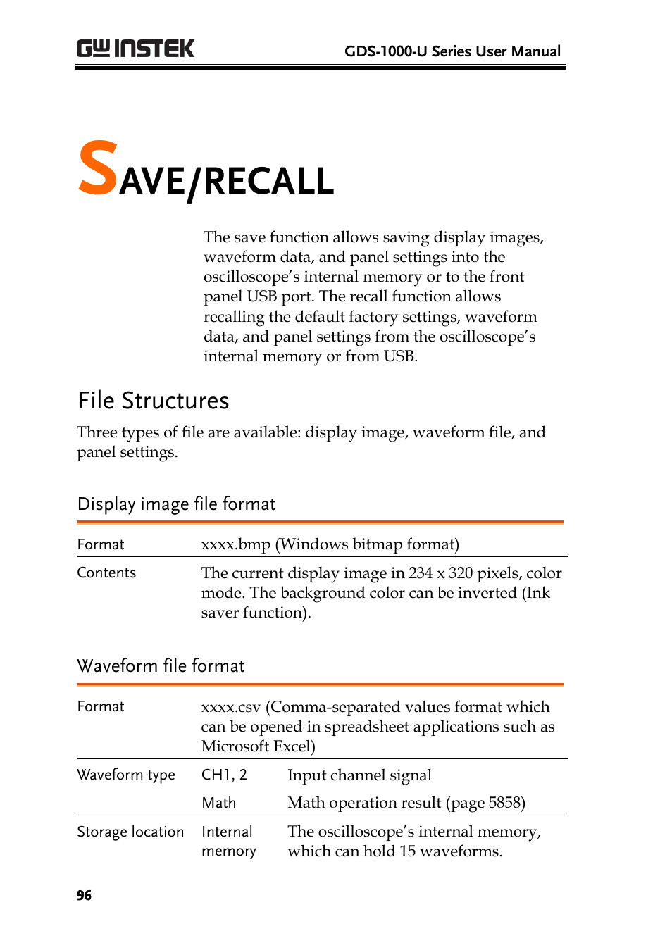 Save/recall, File structures, Display image file format | Waveform file format, Ave/recall | GW Instek GDS-1000-U Series User Manual User Manual | Page 96 / 133