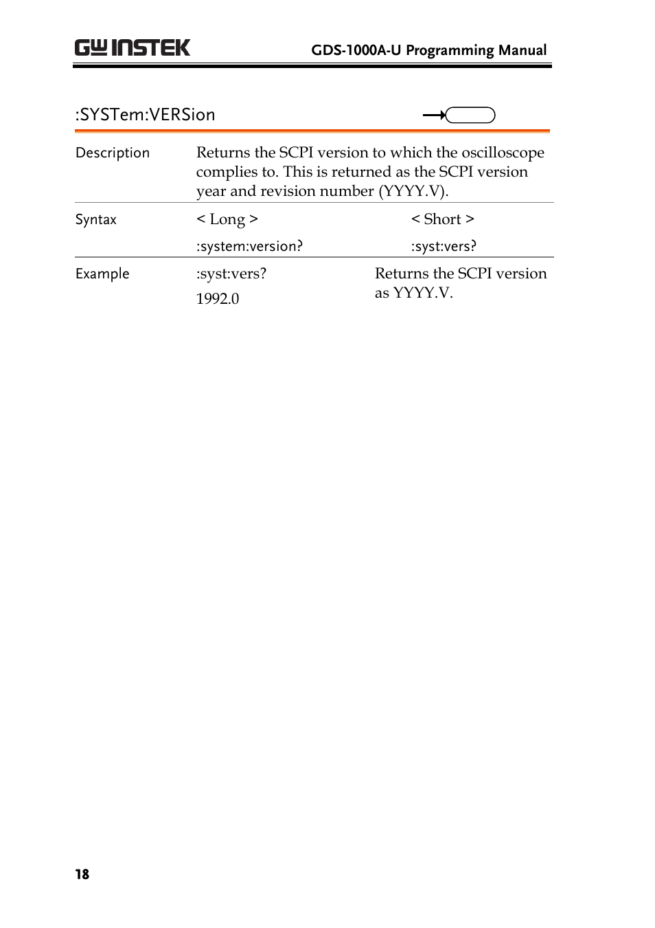 System:version | GW Instek GDS-1000A-U Series Programming Manual User Manual | Page 18 / 88