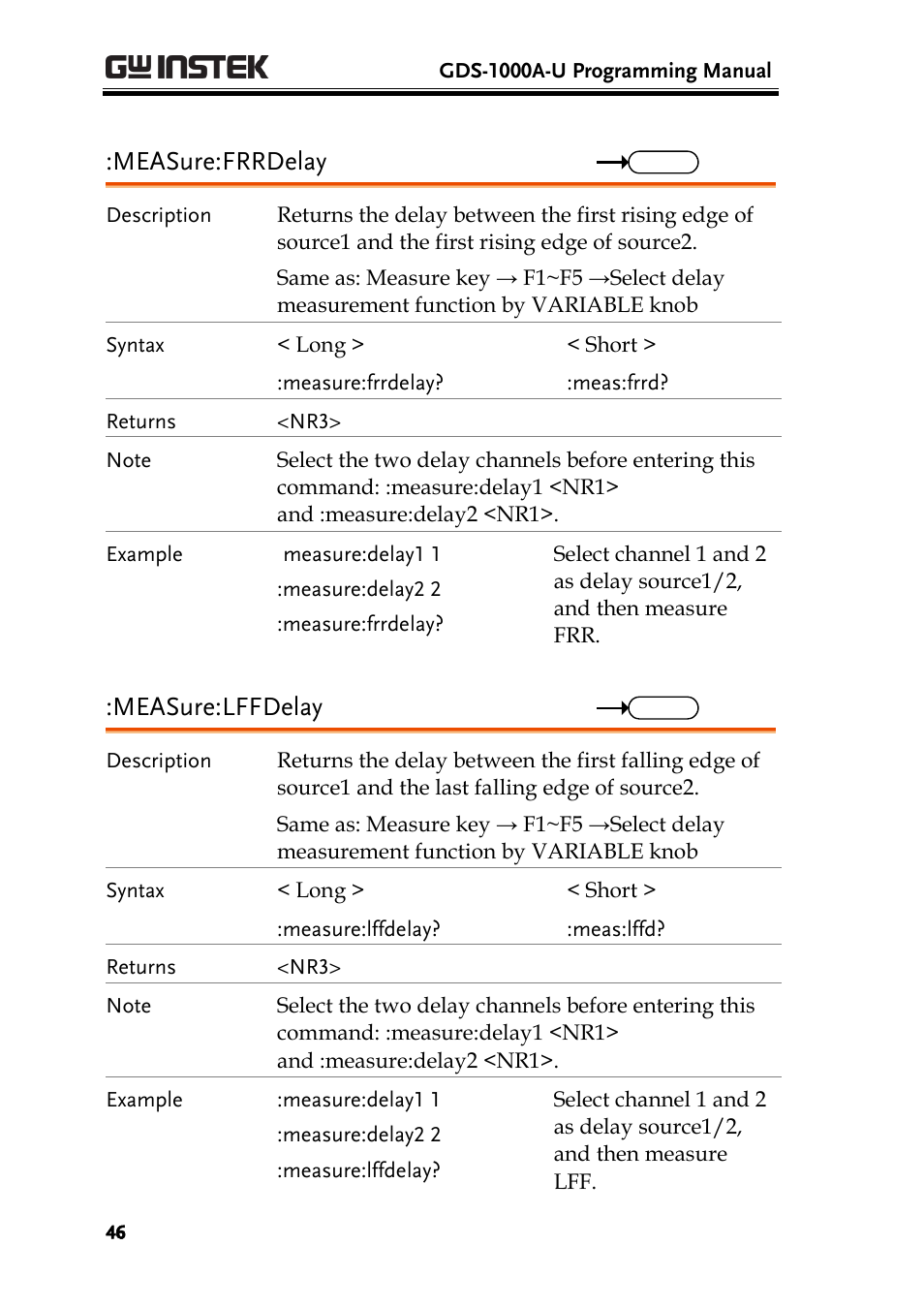 Measure:frrdelay, Measure:lffdelay | GW Instek GDS-1000A-U Series Programming Manual User Manual | Page 46 / 88