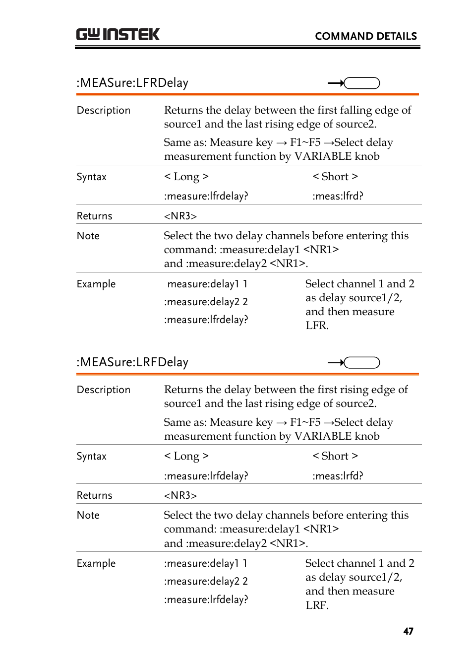 Measure:lfrdelay, Measure:lrfdelay | GW Instek GDS-1000A-U Series Programming Manual User Manual | Page 47 / 88