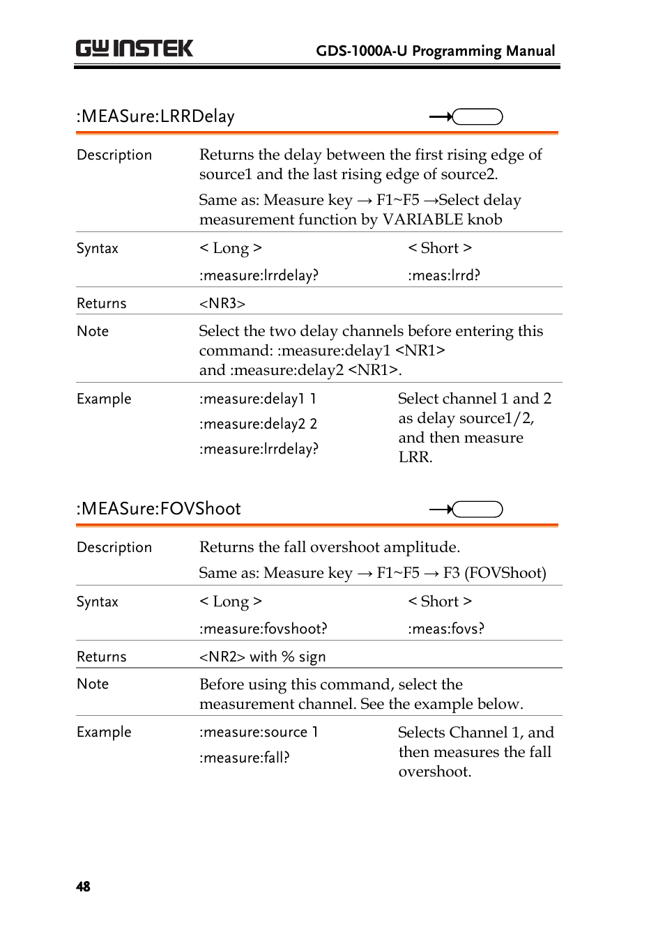 Measure:lrrdelay, Measure:fovshoot | GW Instek GDS-1000A-U Series Programming Manual User Manual | Page 48 / 88