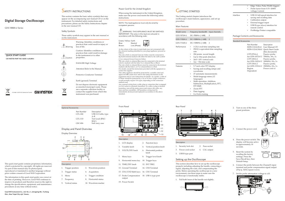 GW Instek GDS-1000A-U Series Quick start guide User Manual | 2 pages