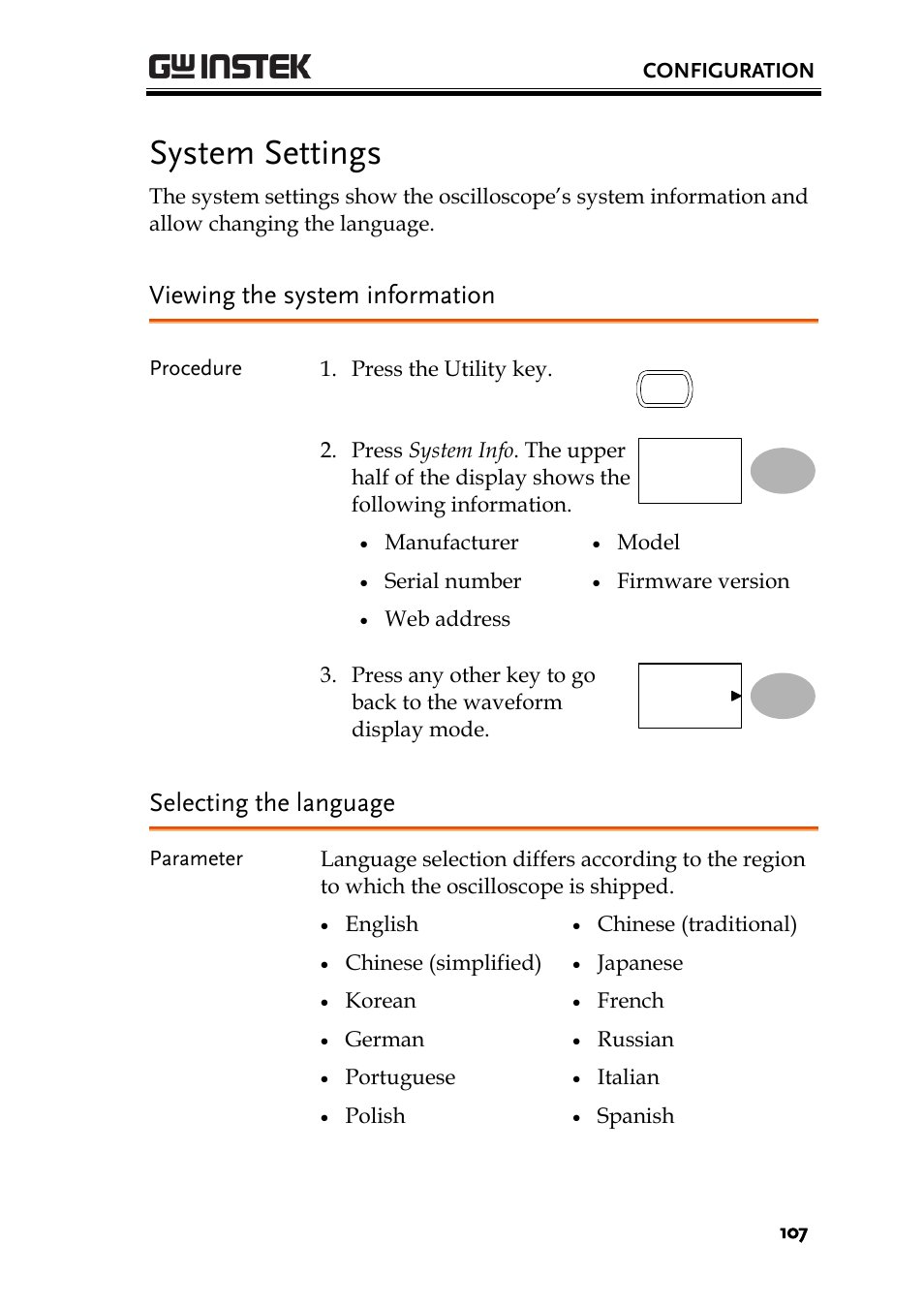 Ge 107), System settings, Viewing the system information | Selecting the language | GW Instek GDS-1000A-U Series User Manual User Manual | Page 107 / 148