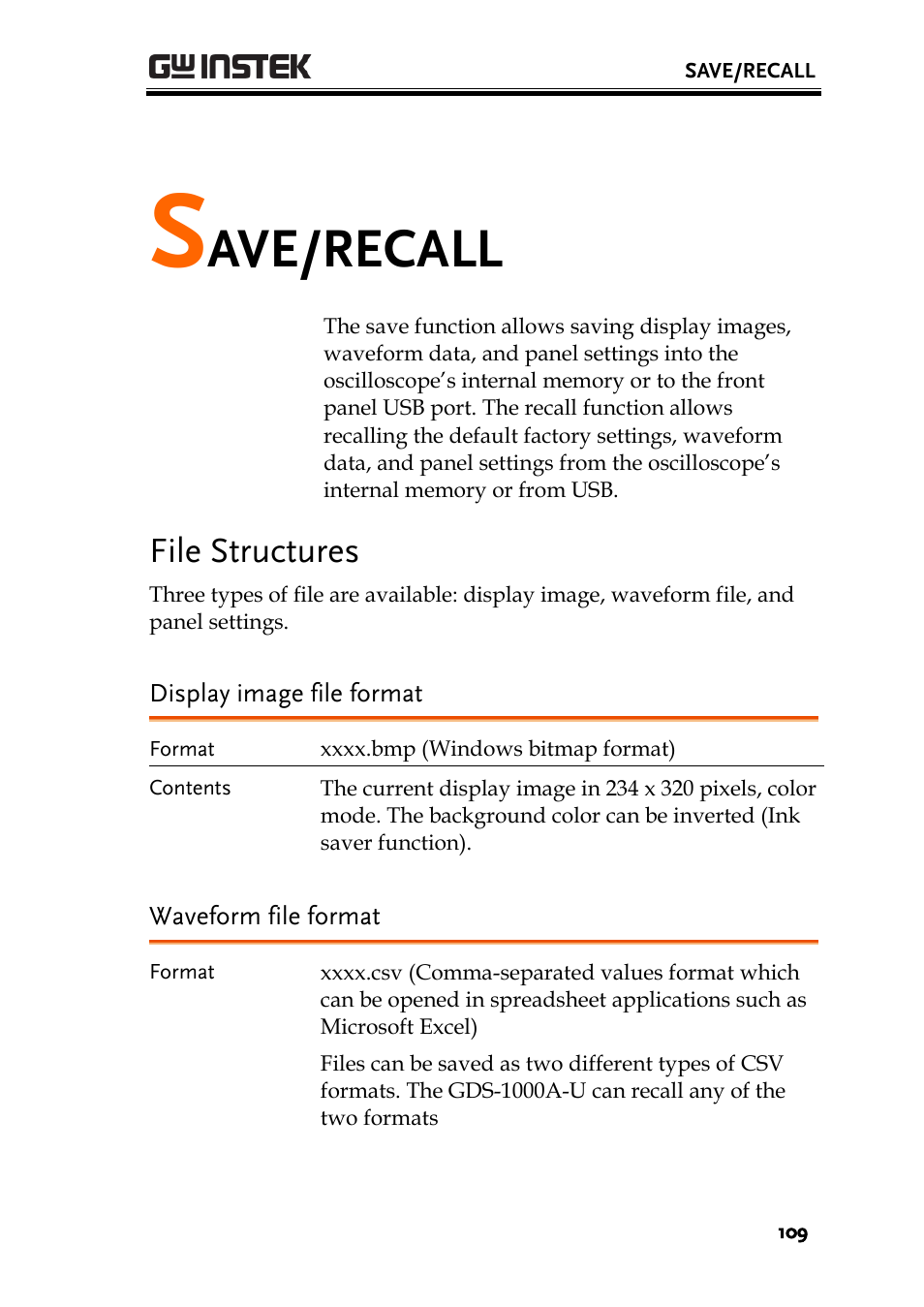 Ave/recall, File structures | GW Instek GDS-1000A-U Series User Manual User Manual | Page 109 / 148