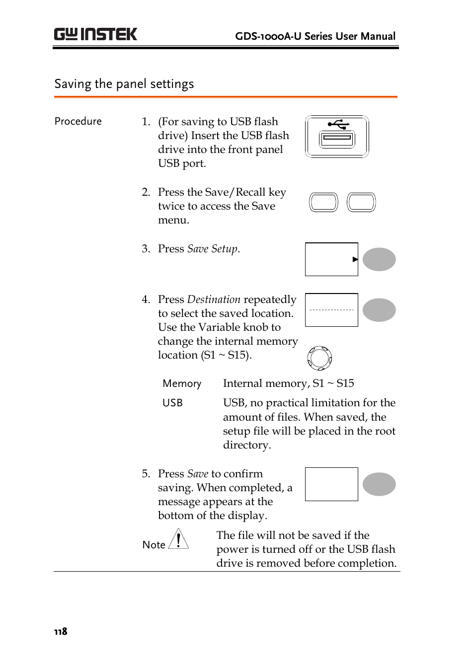 Saving the panel settings | GW Instek GDS-1000A-U Series User Manual User Manual | Page 118 / 148