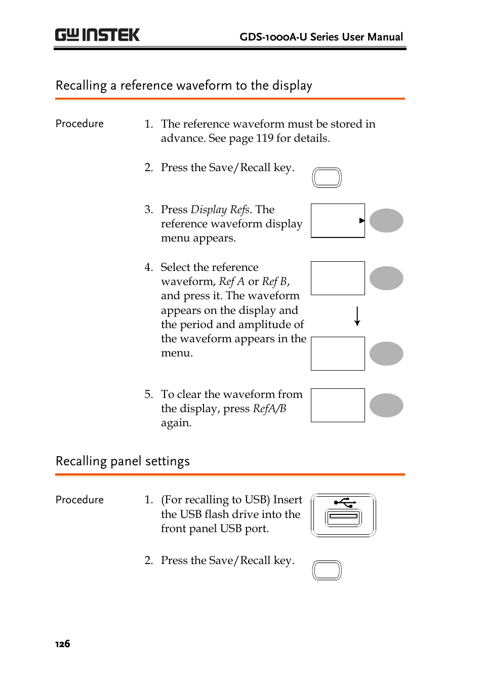 Recalling a reference waveform to the display, Recalling panel settings | GW Instek GDS-1000A-U Series User Manual User Manual | Page 126 / 148