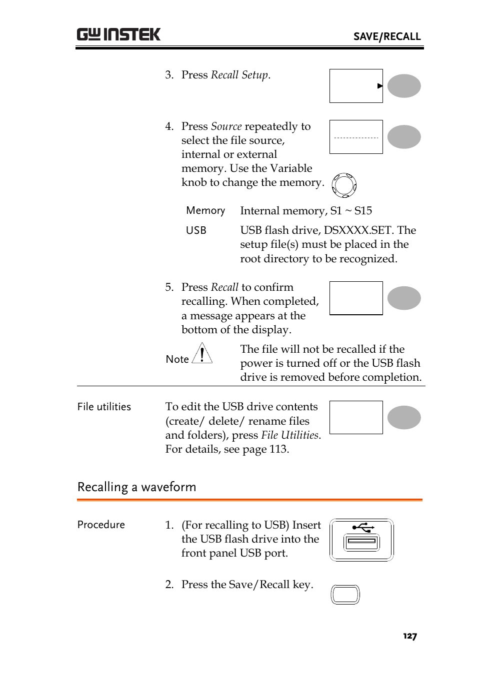 Recalling a waveform | GW Instek GDS-1000A-U Series User Manual User Manual | Page 127 / 148