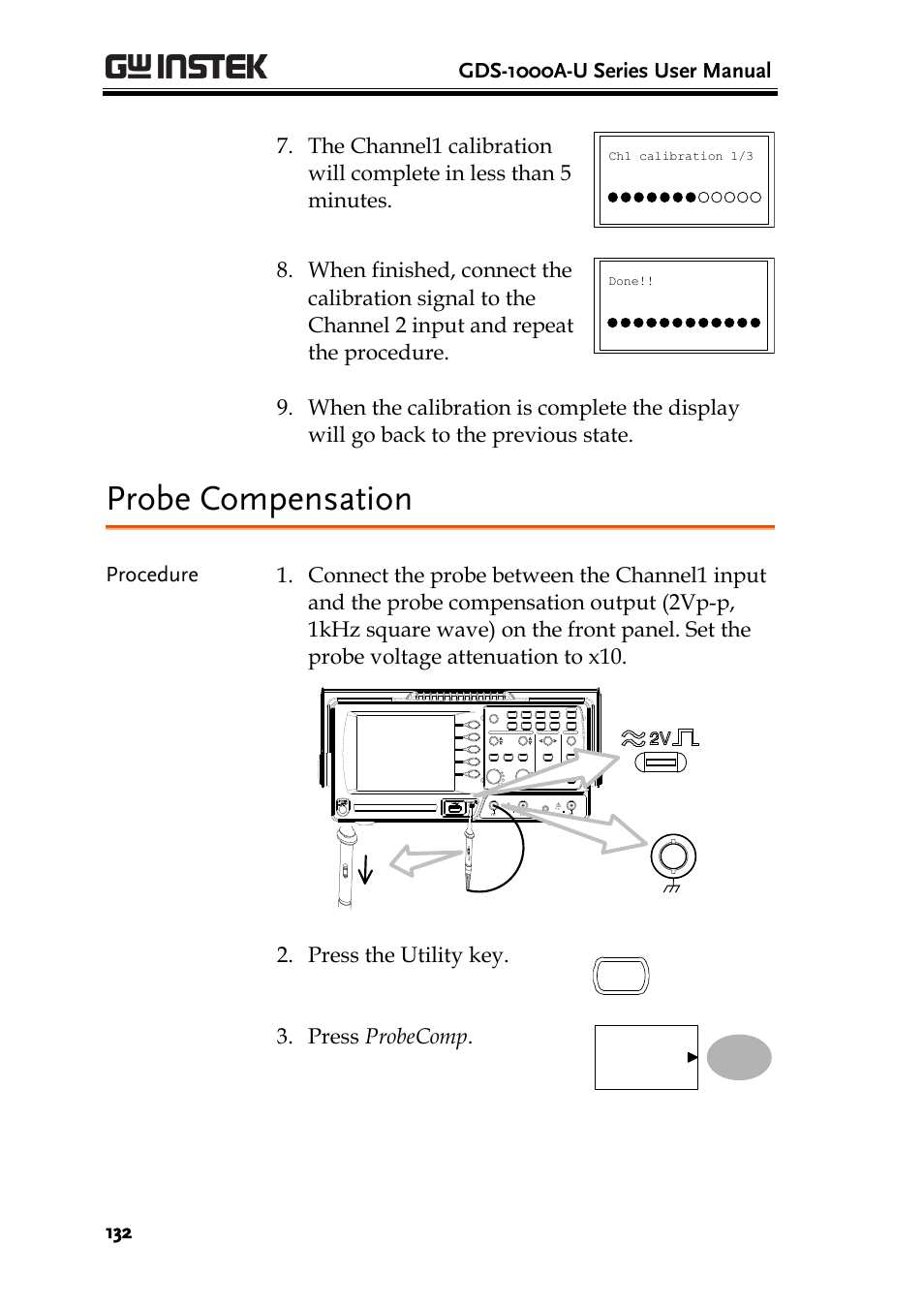 Probe compensation, Gds-1000a-u series user manual, Press the utility key | Press probecomp, Menu | GW Instek GDS-1000A-U Series User Manual User Manual | Page 132 / 148