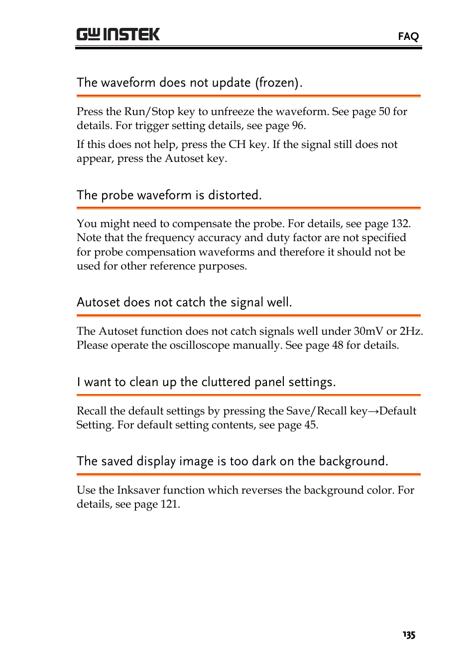Autoset does not catch the signal well, I want to clean up the cluttered panel settings, The accuracy does not match the specifications | The waveform does not update (frozen), The probe waveform is distorted | GW Instek GDS-1000A-U Series User Manual User Manual | Page 135 / 148