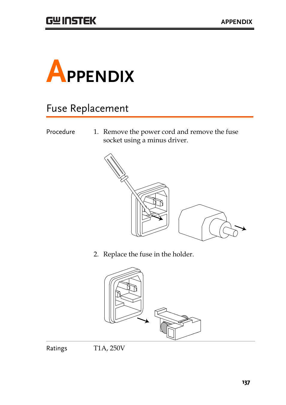 Ppendix, Fuse replacement | GW Instek GDS-1000A-U Series User Manual User Manual | Page 137 / 148