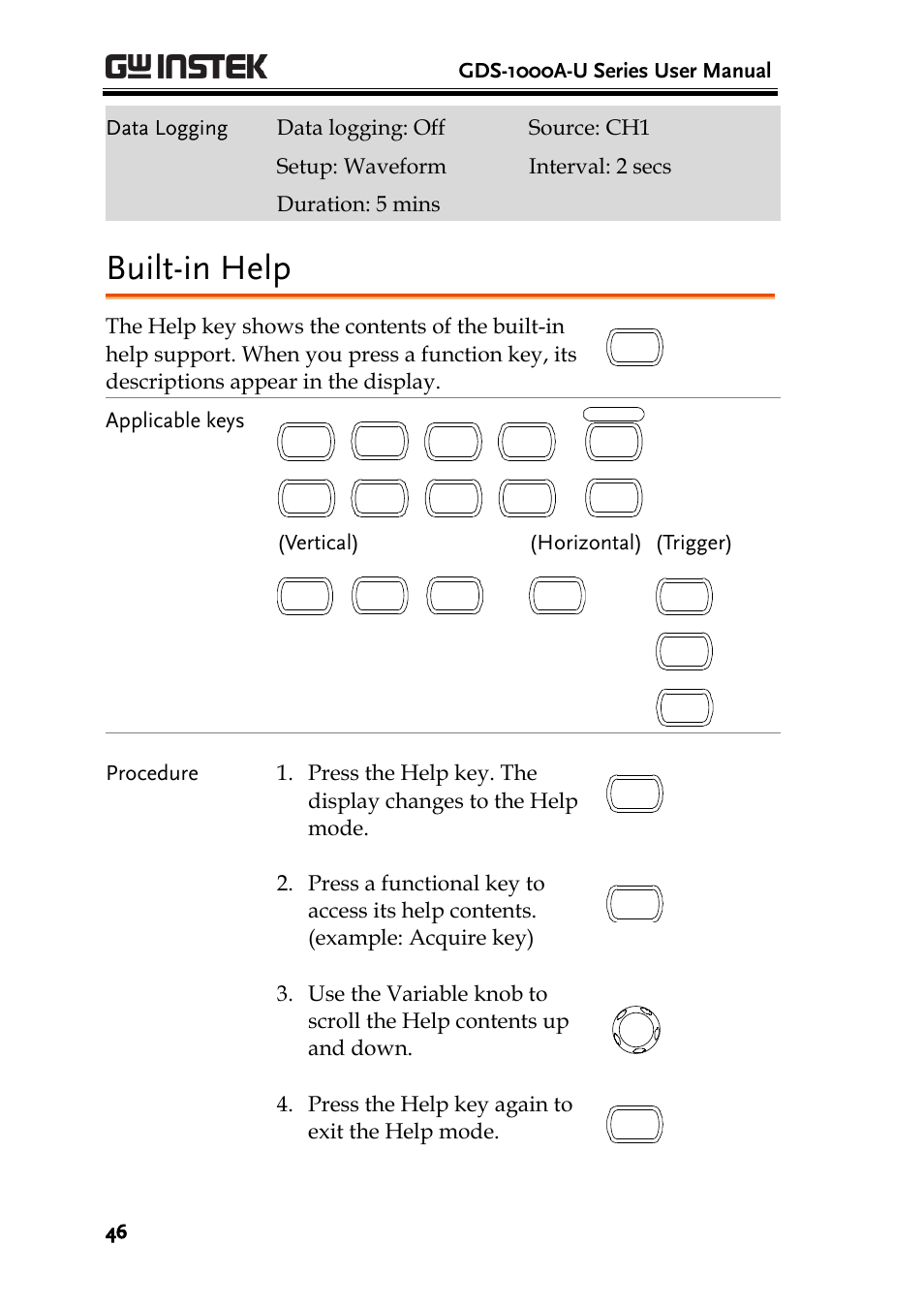 E 46), Built-in help | GW Instek GDS-1000A-U Series User Manual User Manual | Page 46 / 148