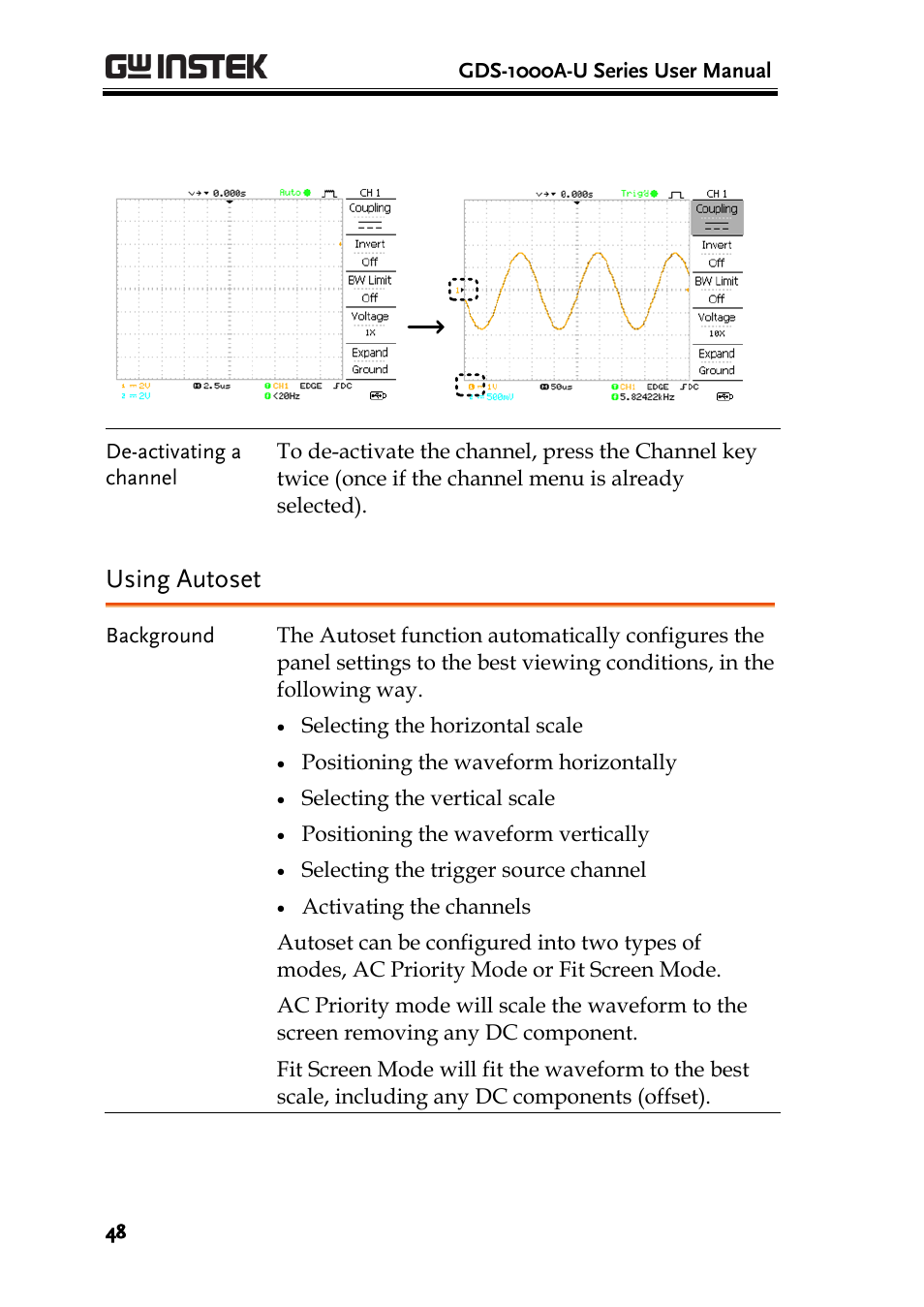 E 48), Using autoset | GW Instek GDS-1000A-U Series User Manual User Manual | Page 48 / 148