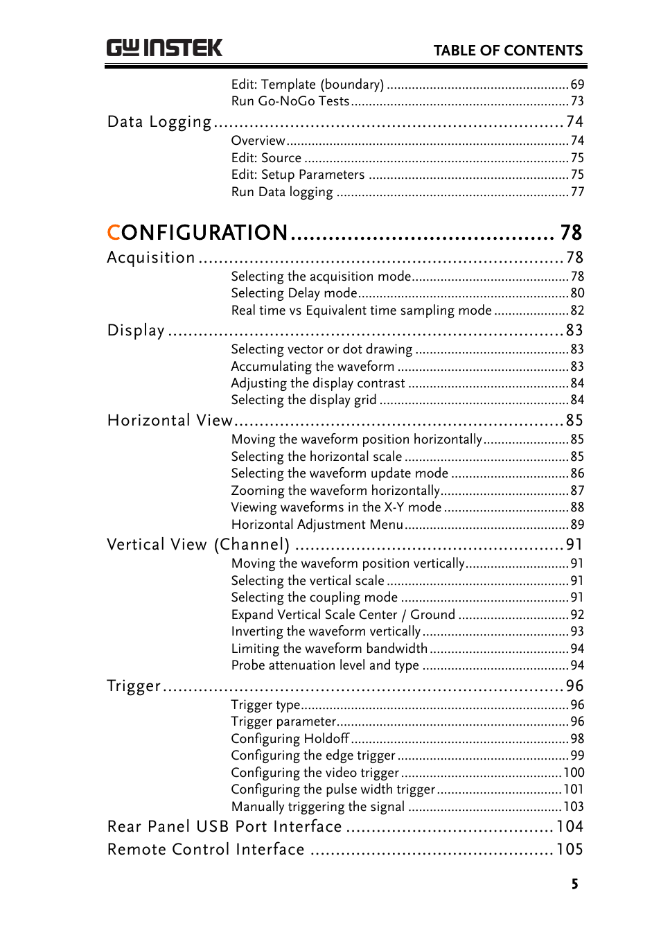 Configuration | GW Instek GDS-1000A-U Series User Manual User Manual | Page 5 / 148