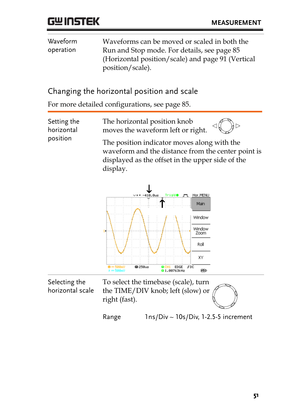 Changing the horizontal position and scale | GW Instek GDS-1000A-U Series User Manual User Manual | Page 51 / 148
