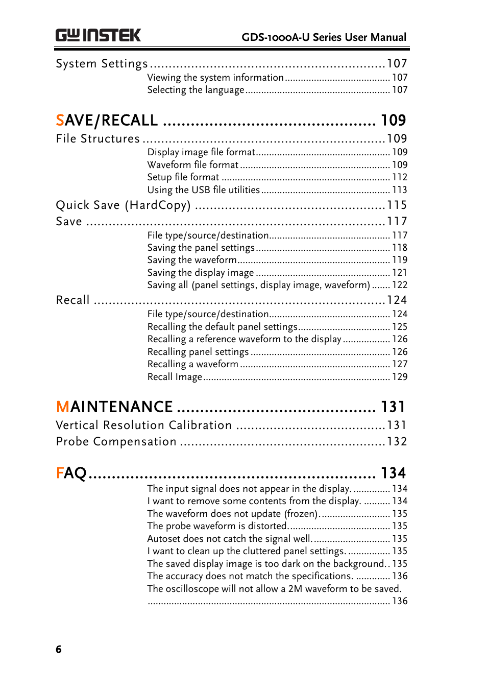 Save/recall, Maintenance | GW Instek GDS-1000A-U Series User Manual User Manual | Page 6 / 148