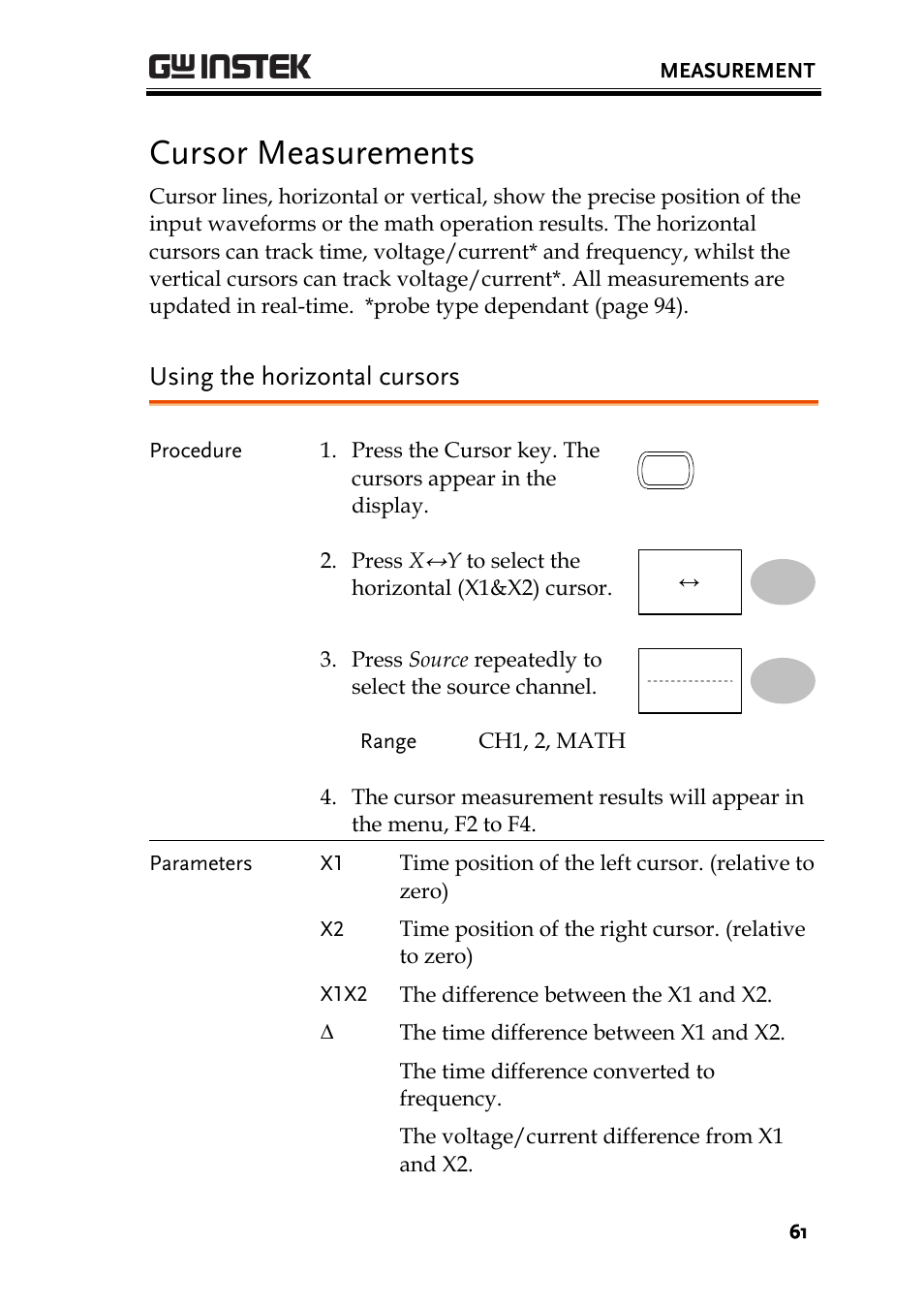 Cursor measurements, Using the horizontal cursors | GW Instek GDS-1000A-U Series User Manual User Manual | Page 61 / 148