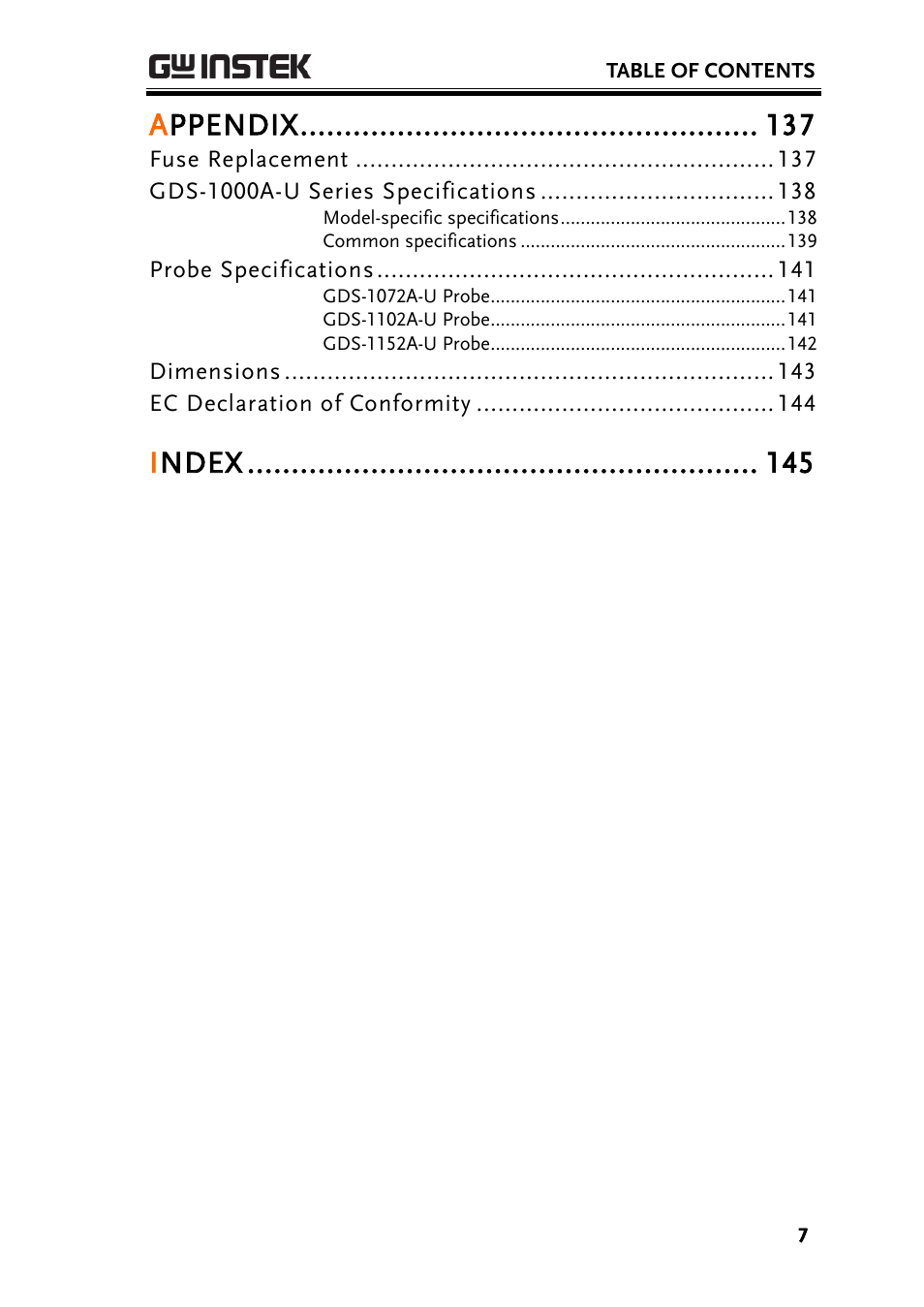 Appendix, Index | GW Instek GDS-1000A-U Series User Manual User Manual | Page 7 / 148