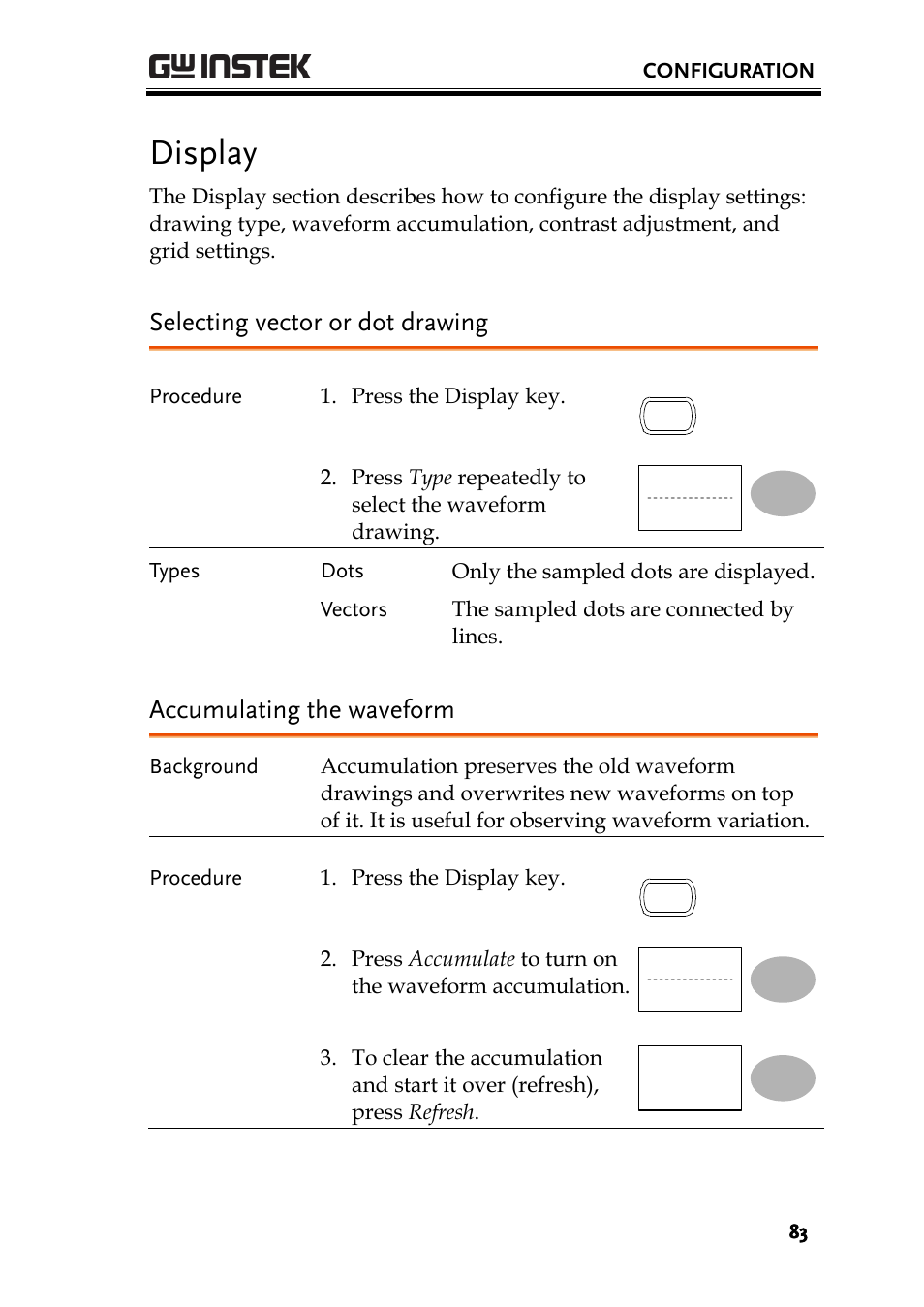 Display, Selecting vector or dot drawing, Accumulating the waveform | GW Instek GDS-1000A-U Series User Manual User Manual | Page 83 / 148