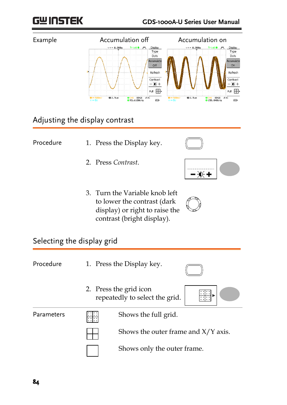 Adjusting the display contrast, Selecting the display grid | GW Instek GDS-1000A-U Series User Manual User Manual | Page 84 / 148
