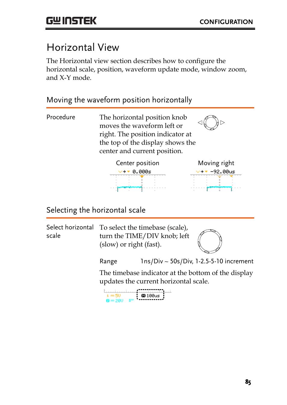 Horizontal view, Moving the waveform position horizontally, Selecting the horizontal scale | GW Instek GDS-1000A-U Series User Manual User Manual | Page 85 / 148