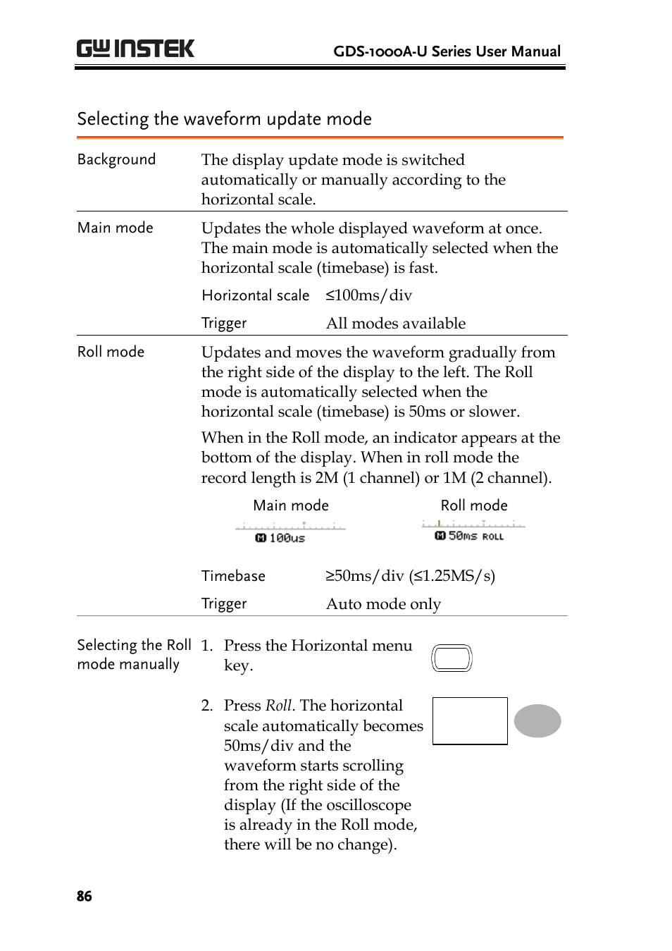 Selecting the waveform update mode | GW Instek GDS-1000A-U Series User Manual User Manual | Page 86 / 148