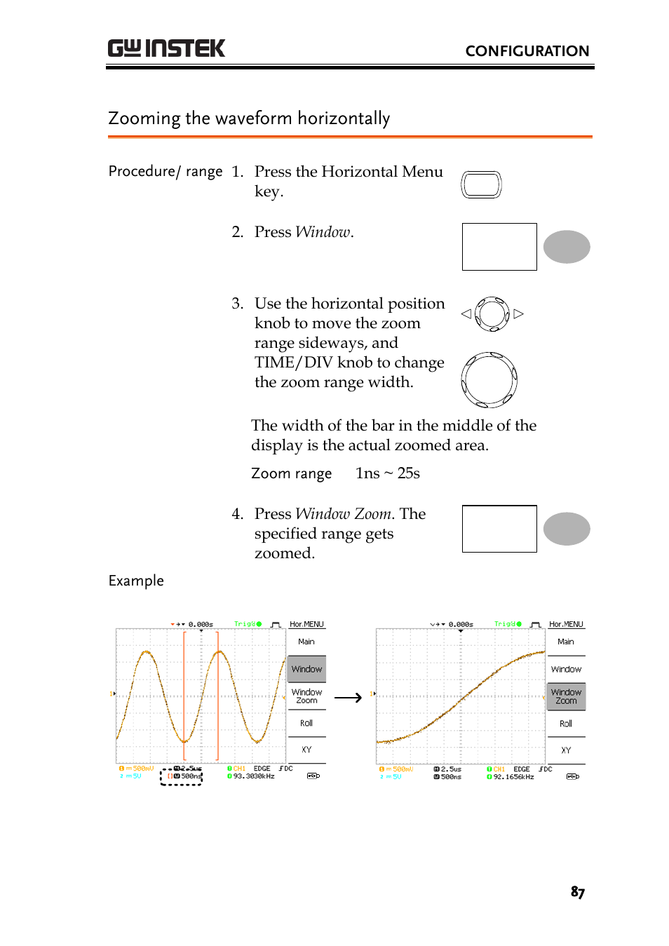 Zooming the waveform horizontally | GW Instek GDS-1000A-U Series User Manual User Manual | Page 87 / 148