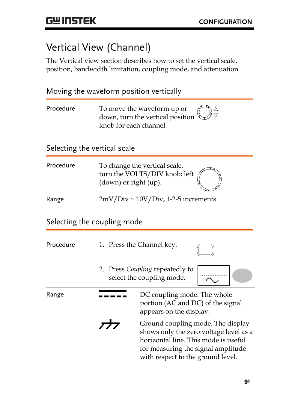 E 91), Vertical view (channel), Moving the waveform position vertically | Selecting the vertical scale, Selecting the coupling mode | GW Instek GDS-1000A-U Series User Manual User Manual | Page 91 / 148