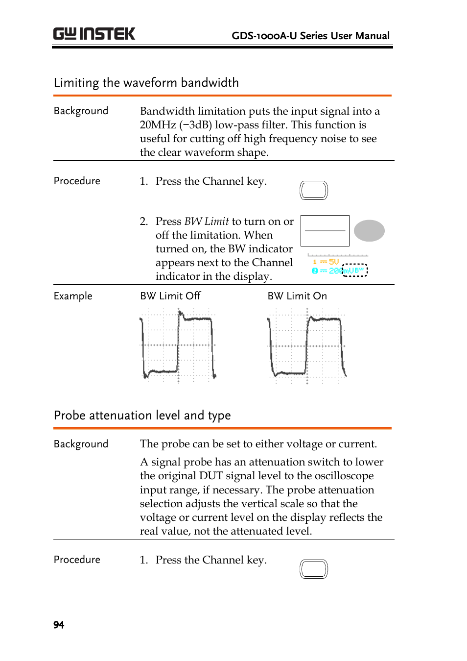Limiting the waveform bandwidth, Probe attenuation level and type | GW Instek GDS-1000A-U Series User Manual User Manual | Page 94 / 148