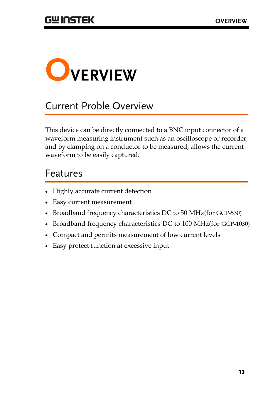 Verview, Current proble overview, Features | GW Instek GDS-3000 Series GCP-530/1030 current probe User Manual User Manual | Page 13 / 40