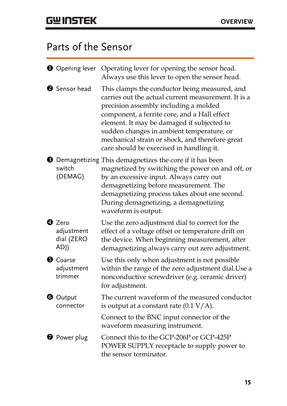 Parts of the sensor | GW Instek GDS-3000 Series GCP-530/1030 current probe User Manual User Manual | Page 15 / 40