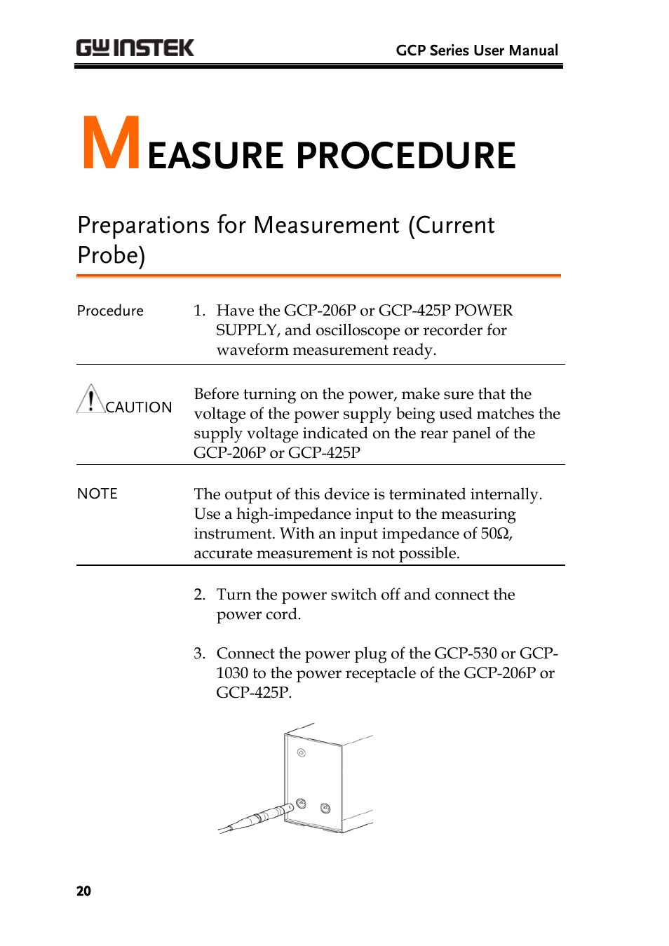 Easure procedure, Preparations for measurement (current probe) | GW Instek GDS-3000 Series GCP-530/1030 current probe User Manual User Manual | Page 20 / 40