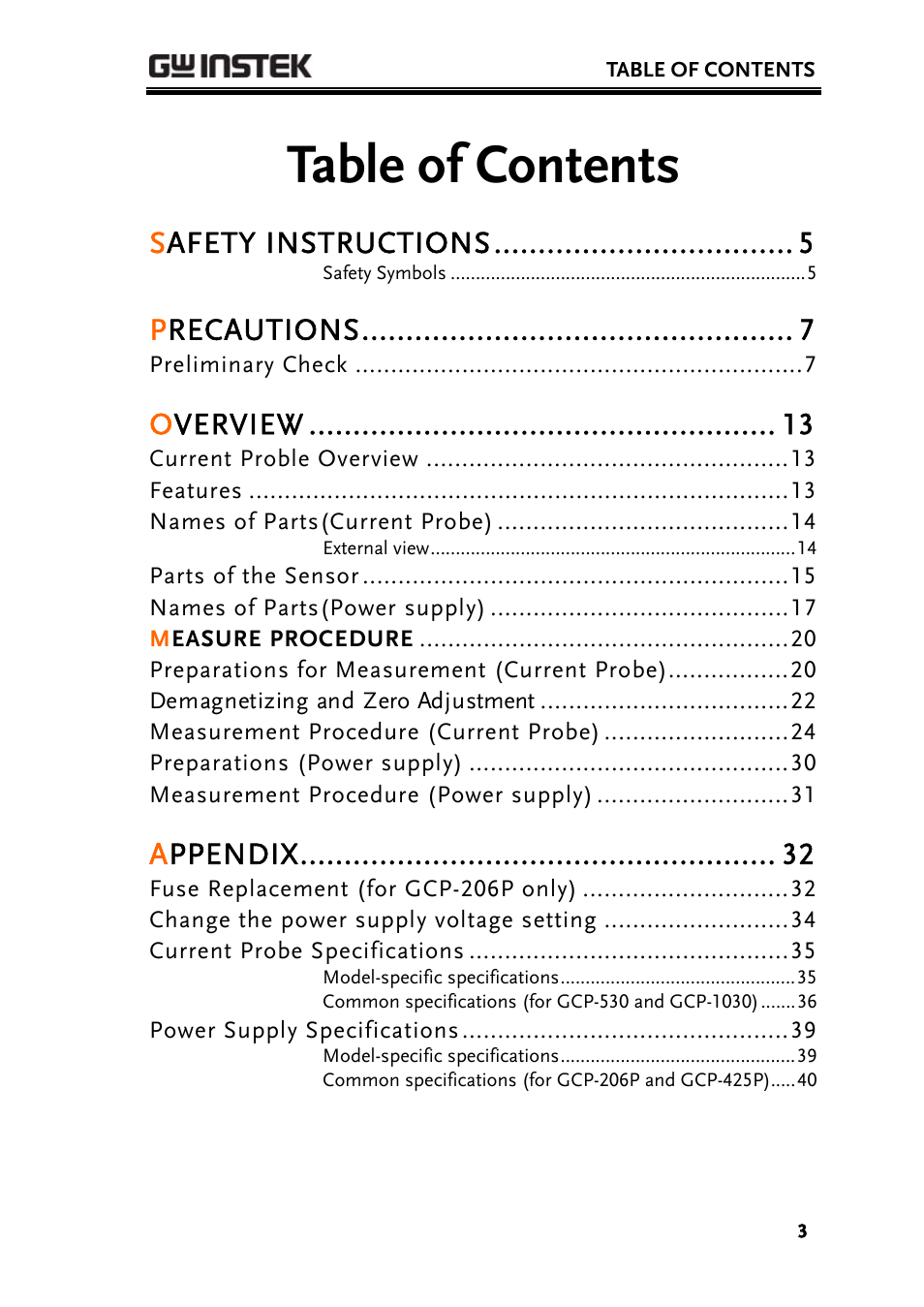GW Instek GDS-3000 Series GCP-530/1030 current probe User Manual User Manual | Page 3 / 40