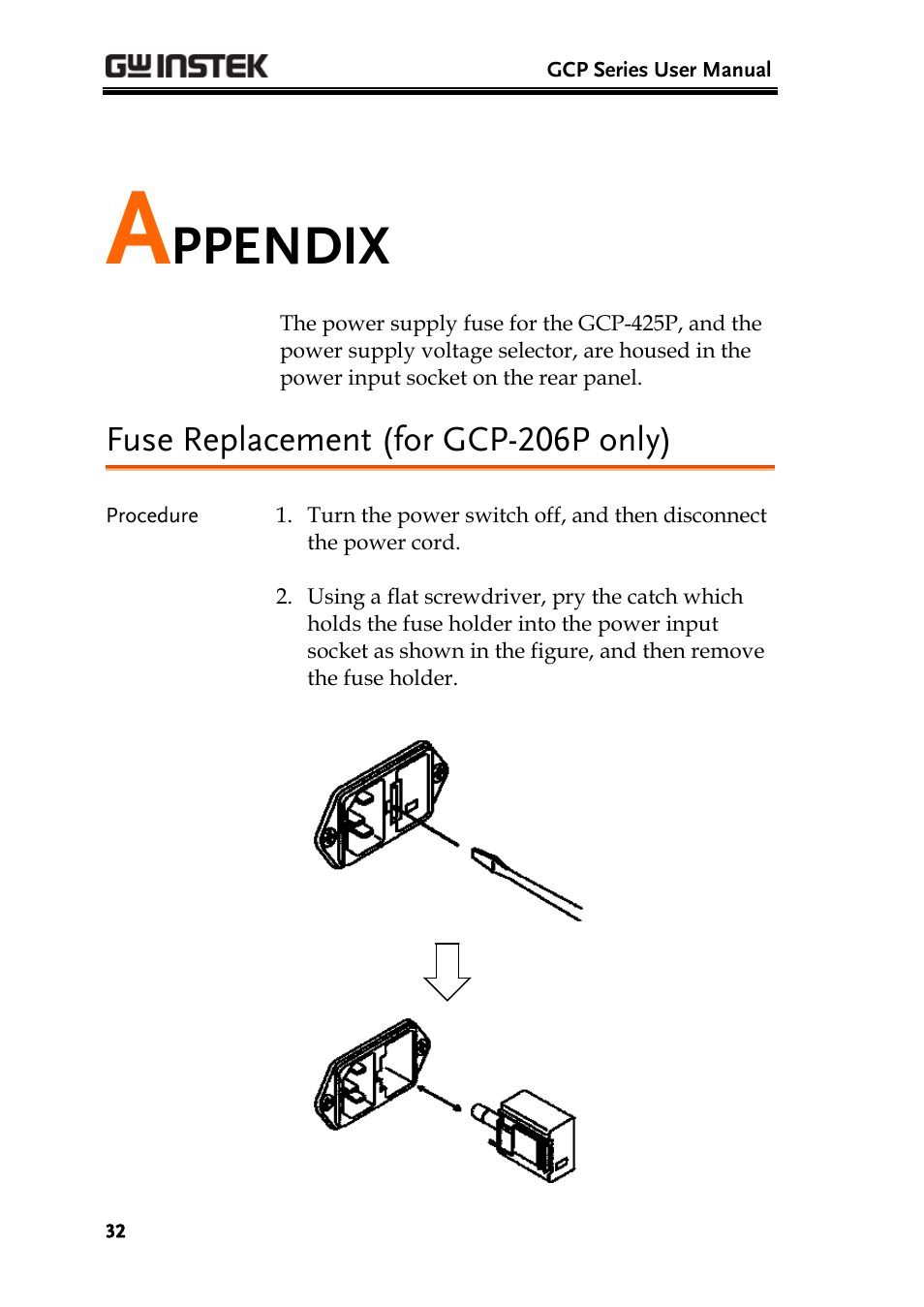 Ppendix, Fuse replacement (for gcp-206p only) | GW Instek GDS-3000 Series GCP-530/1030 current probe User Manual User Manual | Page 32 / 40