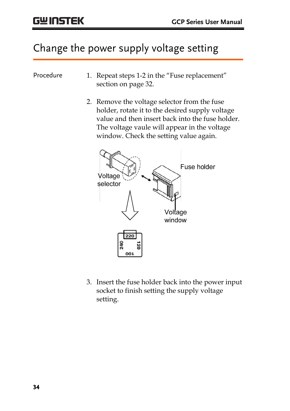 Change the power supply voltage setting | GW Instek GDS-3000 Series GCP-530/1030 current probe User Manual User Manual | Page 34 / 40