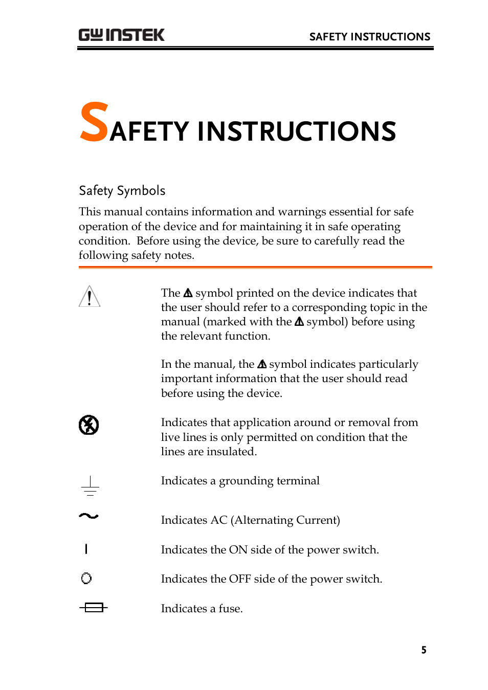 Afety instructions | GW Instek GDS-3000 Series GCP-530/1030 current probe User Manual User Manual | Page 5 / 40