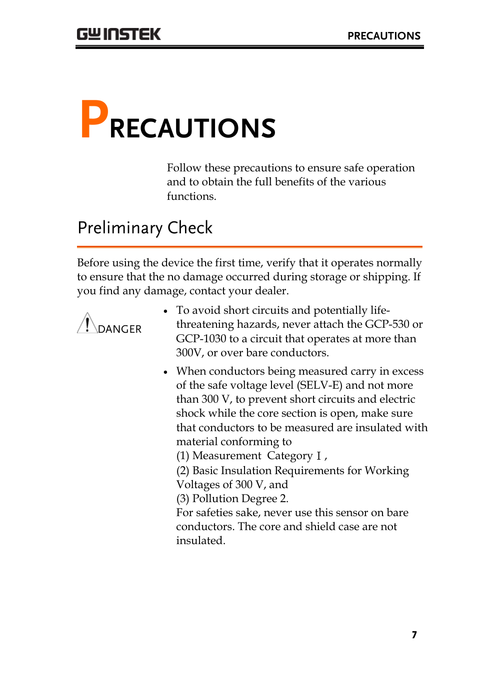 Recautions, Preliminary check | GW Instek GDS-3000 Series GCP-530/1030 current probe User Manual User Manual | Page 7 / 40