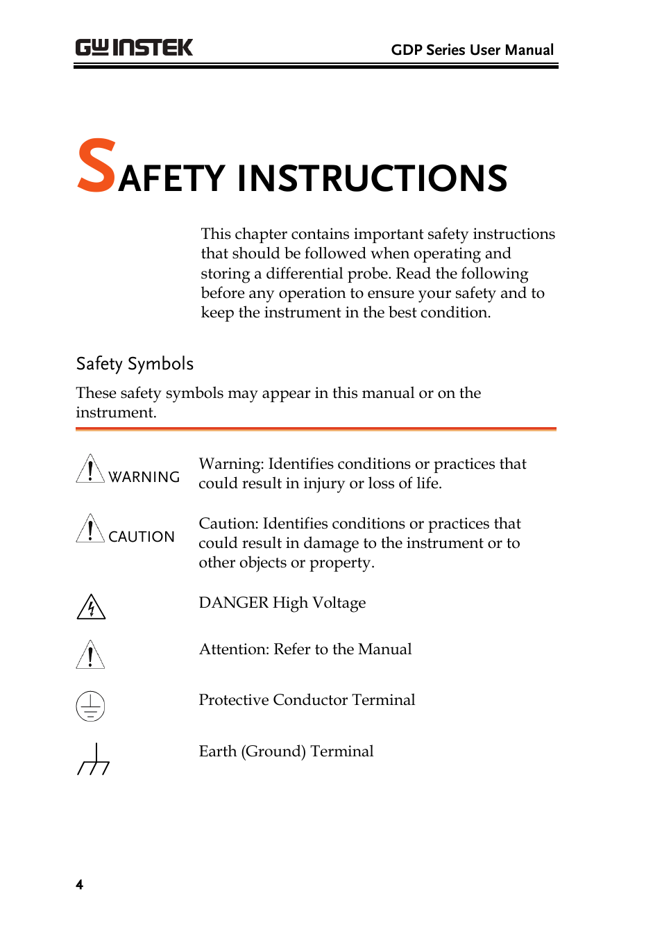 Afety instructions | GW Instek GDS-3000 Series GDP-025/050/100 differential probe User Manual User Manual | Page 4 / 21