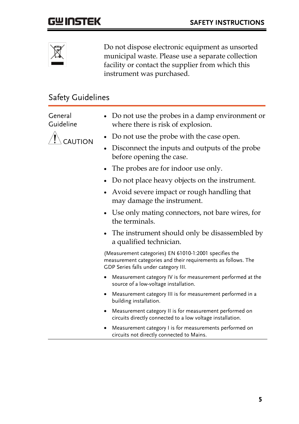 Safety guidelines | GW Instek GDS-3000 Series GDP-025/050/100 differential probe User Manual User Manual | Page 5 / 21