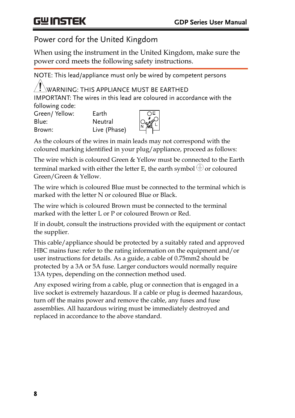 Power cord for the united kingdom | GW Instek GDS-3000 Series GDP-025/050/100 differential probe User Manual User Manual | Page 8 / 21