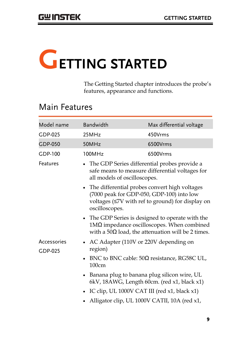 Etting started, Main features | GW Instek GDS-3000 Series GDP-025/050/100 differential probe User Manual User Manual | Page 9 / 21