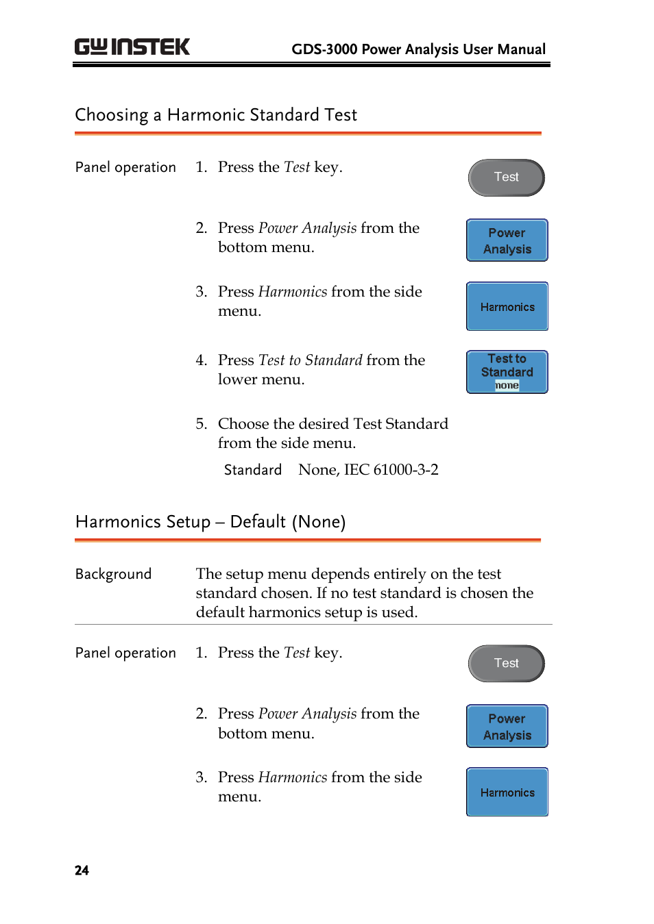 Choosing a harmonic standard test, Harmonics setup – default (none) | GW Instek GDS-3000 Series DS3-PWR Power analysis manual User Manual | Page 24 / 37