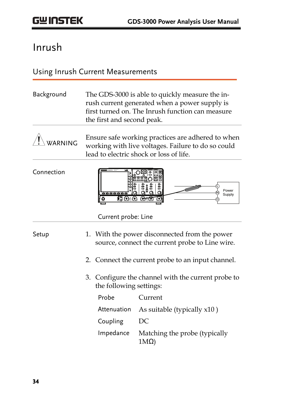 Inrush, Using inrush current measurements | GW Instek GDS-3000 Series DS3-PWR Power analysis manual User Manual | Page 34 / 37