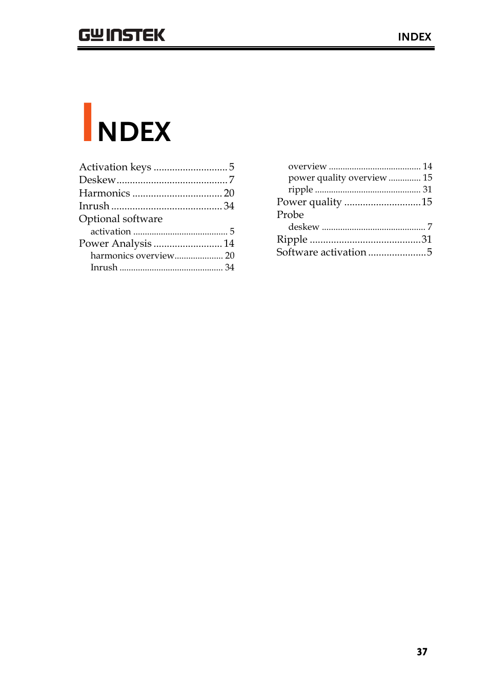 Ndex | GW Instek GDS-3000 Series DS3-PWR Power analysis manual User Manual | Page 37 / 37