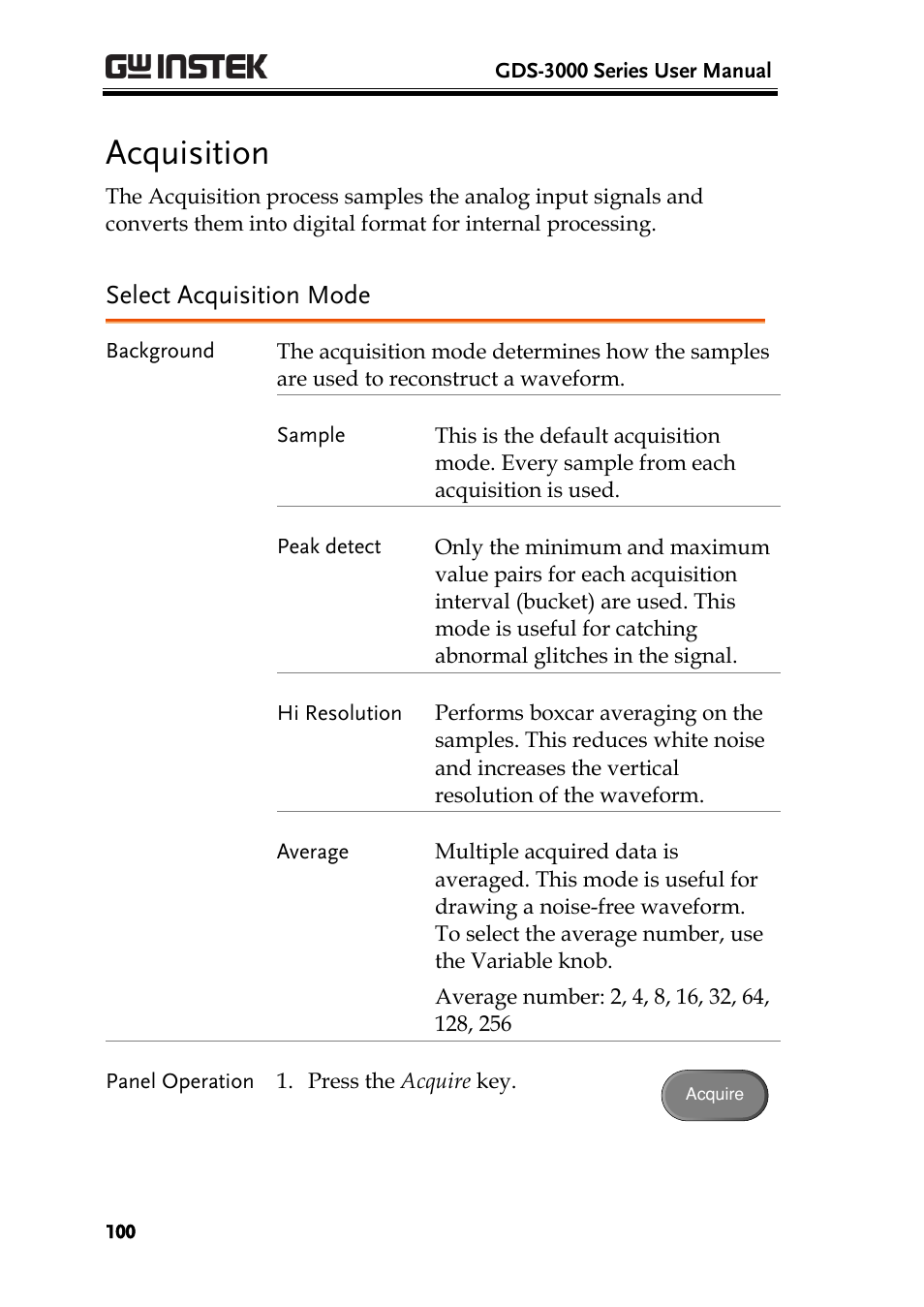 Acquisition, Select acquisition mode | GW Instek GDS-3000 Series User Manual User Manual | Page 100 / 209