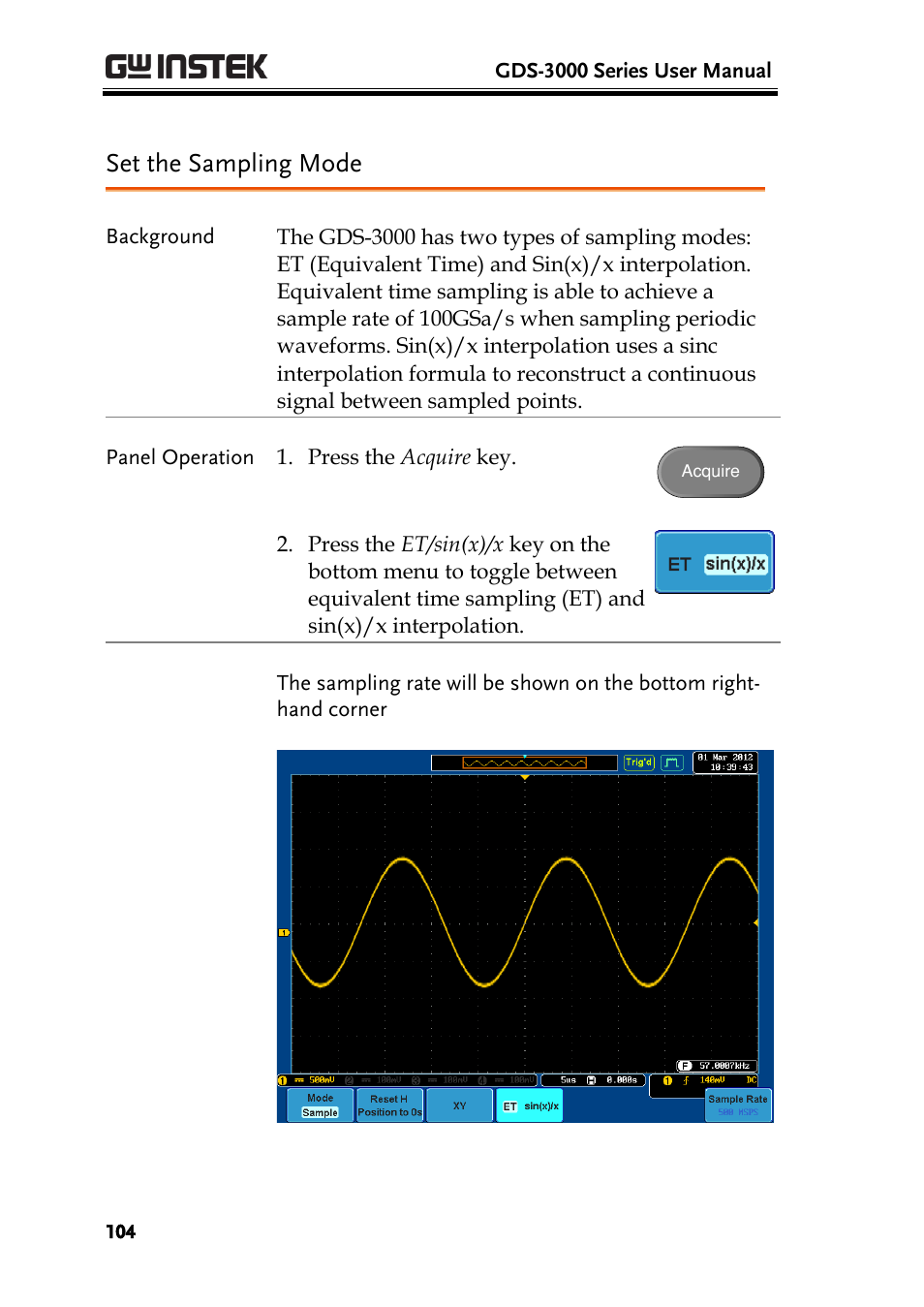 Set the sampling mode | GW Instek GDS-3000 Series User Manual User Manual | Page 104 / 209