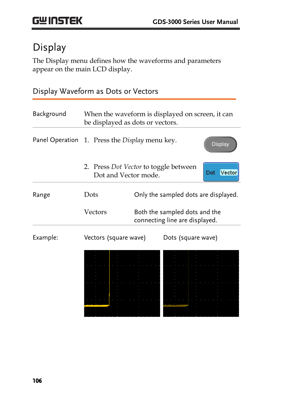 Display, Display waveform as dots or vectors | GW Instek GDS-3000 Series User Manual User Manual | Page 106 / 209