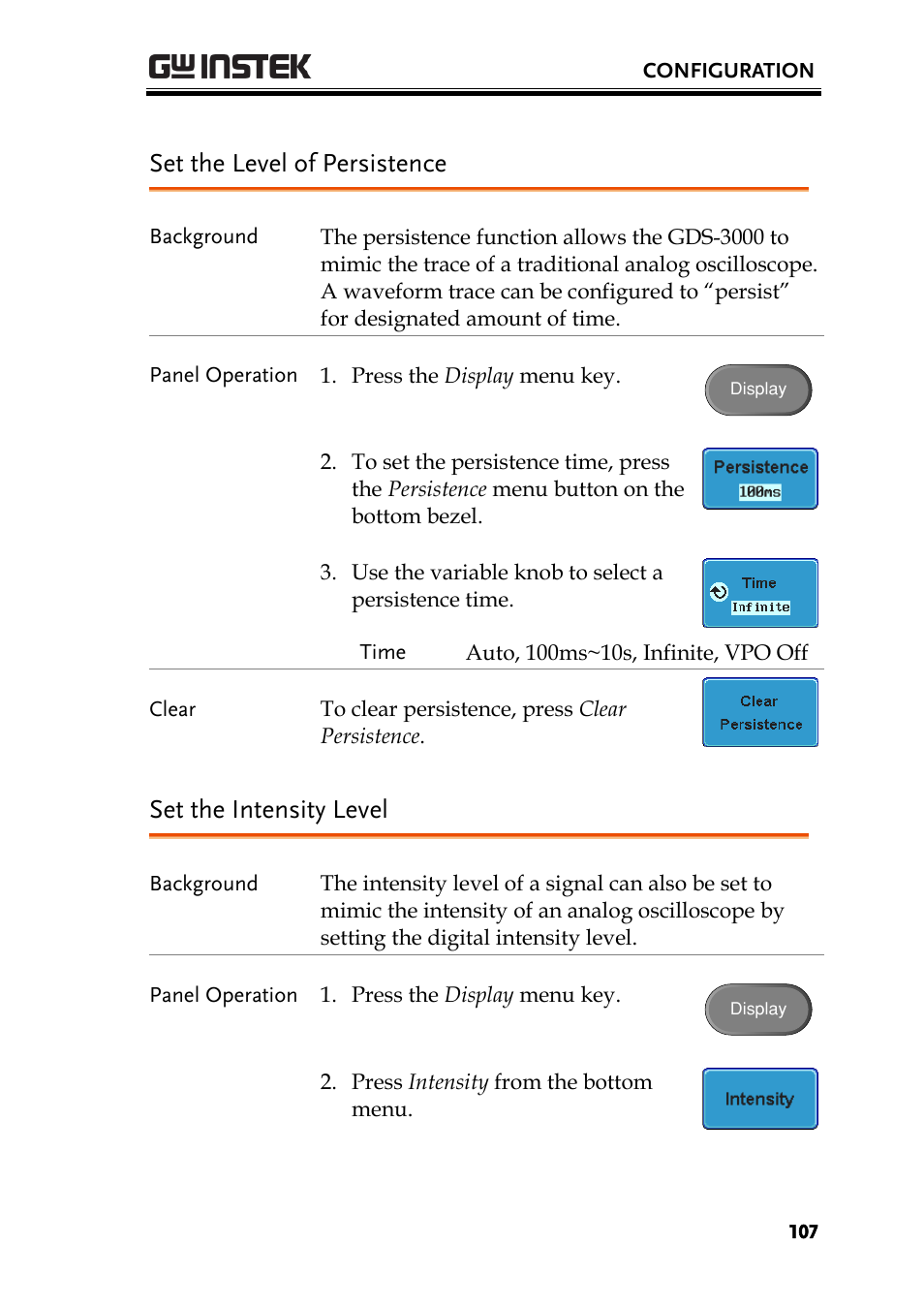 Set the level of persistence, Set the intensity level | GW Instek GDS-3000 Series User Manual User Manual | Page 107 / 209