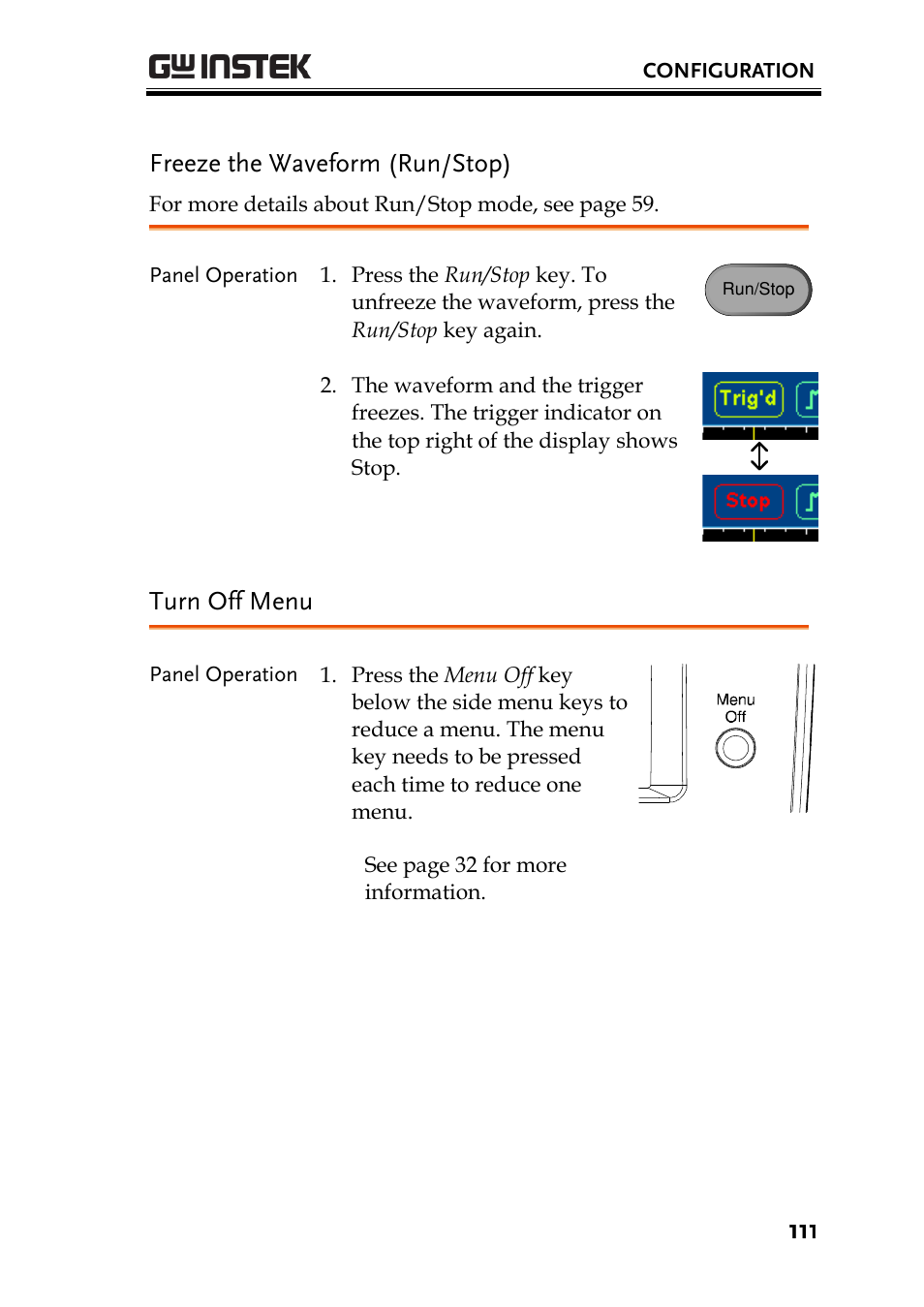 Freeze the waveform (run/stop), Turn off menu | GW Instek GDS-3000 Series User Manual User Manual | Page 111 / 209