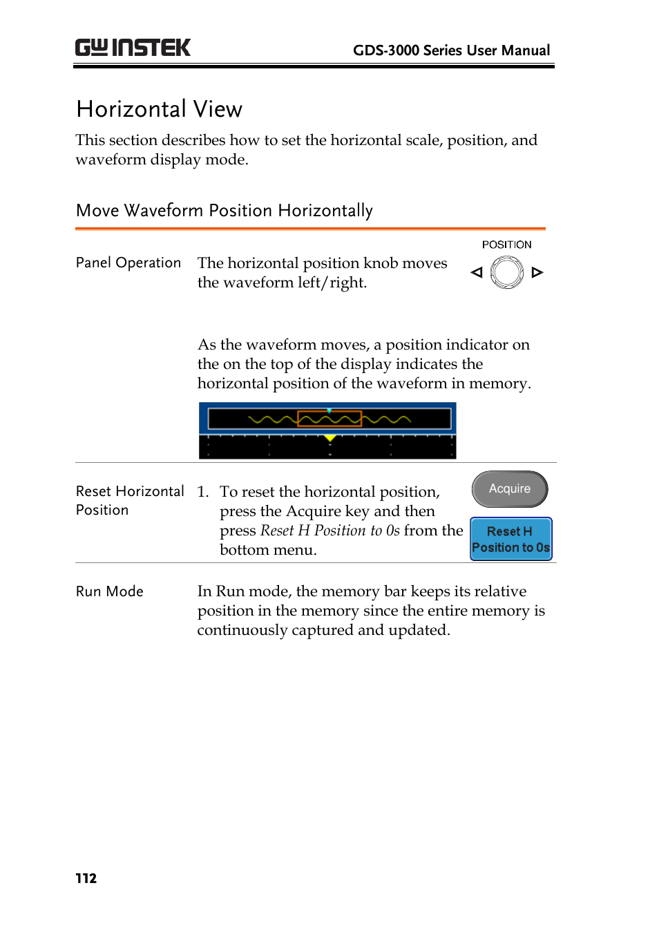 Horizontal view, Move waveform position horizontally | GW Instek GDS-3000 Series User Manual User Manual | Page 112 / 209